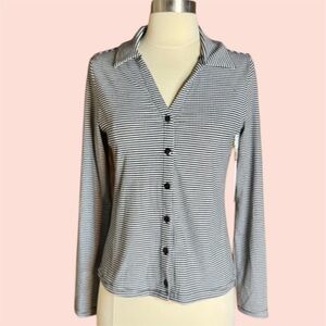 LC Couture Striped Black and White Button-Up Women's Top
